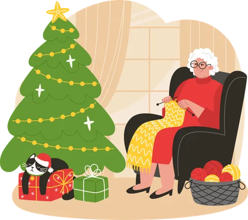 Senior woman sits in an armchair near Christmas tree and knits a scarf  Illustration