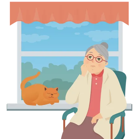 Senior Woman Sitting By The Window Flat Design Style Illustration With Cartoon Character Grandmother Retired Person Sitting In The Chair At Home Alone Elderly People Care Loneliness Concept Illustration