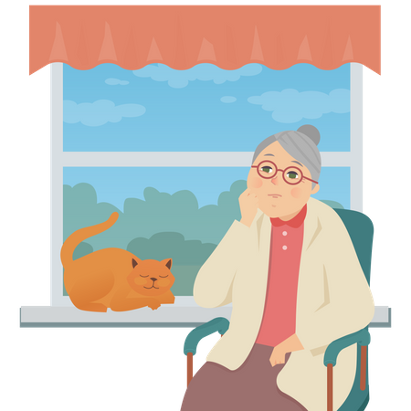 Senior woman sitting by the window  イラスト