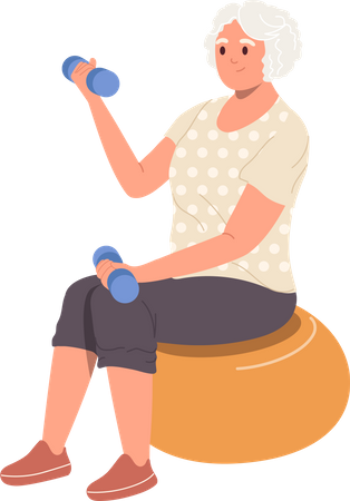 Senior woman sitting in fitness ball for training using dumbbells  Illustration