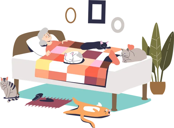 Senior Woman Sleeping In Bed Covered With Blanket And Cats Around Cute Elder Grandmother Lady Has Rest In Bedroom With Pets Funny Cartoon Granny Dreaming Flat Vector Illustration Illustration