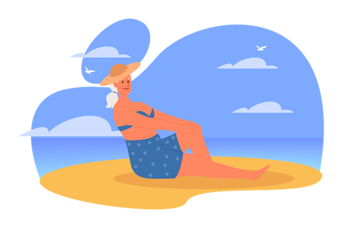 Senior woman spending time on the beach Illustration