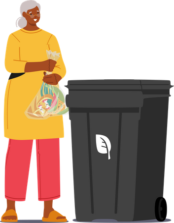 Senior Woman Throwing Garbage in Dustbin  Illustration