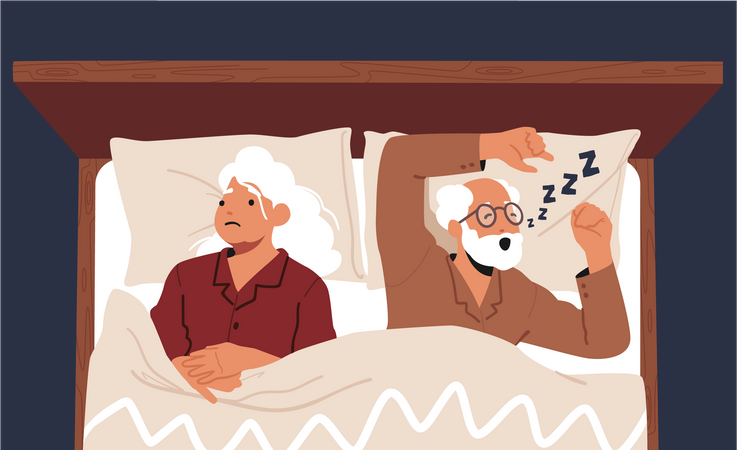 Senior woman unable to sleep due to husband snoring  Illustration