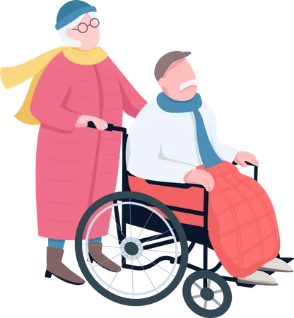 Senior woman walking with old husband  Illustration