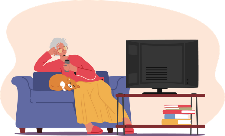 Senior Woman Watching Tv with Cat  Illustration