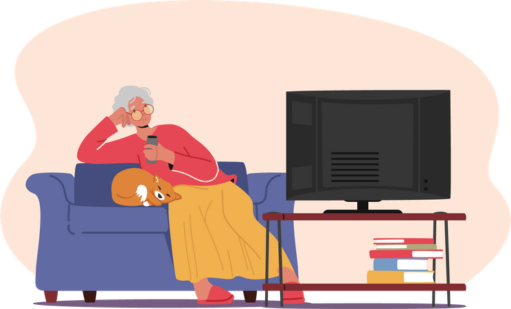 Senior Woman Watching Tv with Cat  Illustration