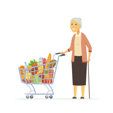 Senior Woman With A Shopping Cart  Illustration