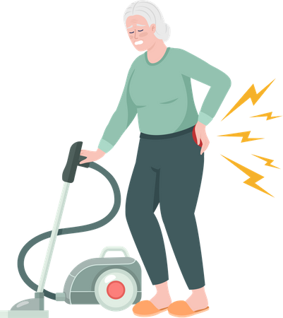 Senior woman with back pain while hoovering  Illustration