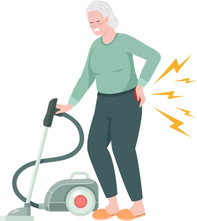 Senior woman with back pain while hoovering  Illustration