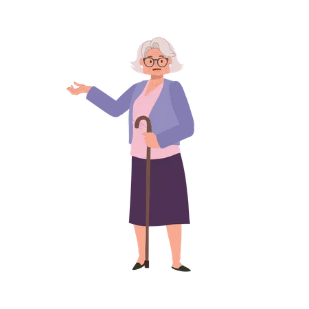 Experienced Senior Advising Senior Woman With Cane Stick Is Introducing Giving Suggestion Flat Vector Cartoon Illustration Illustration