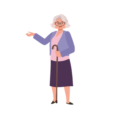 Senior Woman with cane stick and introducing  Illustration