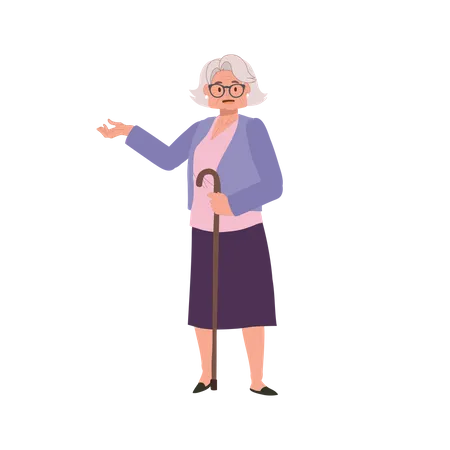 Senior Woman with cane stick and introducing  Illustration