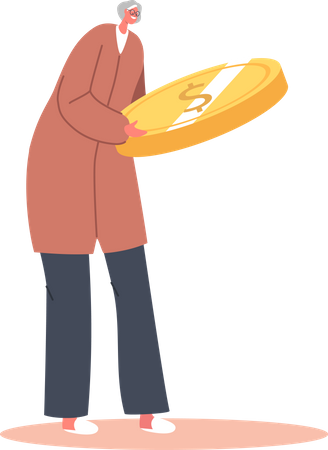 Senior Woman with Huge Golden Coin Illustration