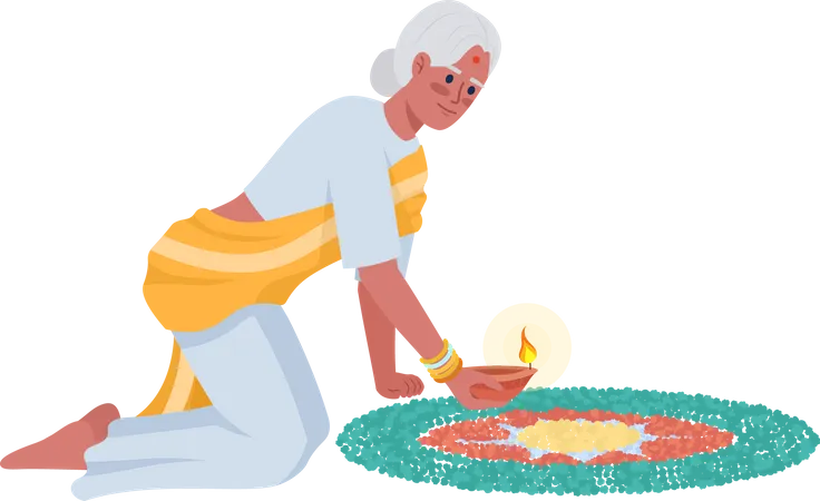 Senior Woman With Mandala And Diya Semi Flat Color Vector Character Editable Figure Full Body Person On White Diwali Holiday Simple Cartoon Style Illustration For Web Graphic Design And Animation Illustration