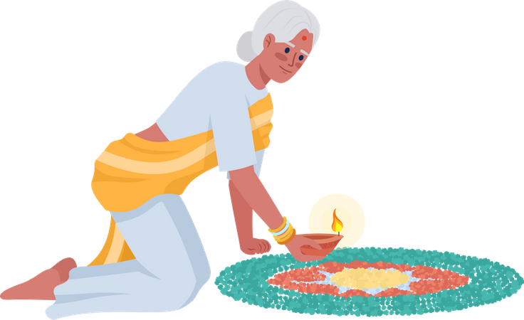 Senior woman with mandala and diya  Illustration