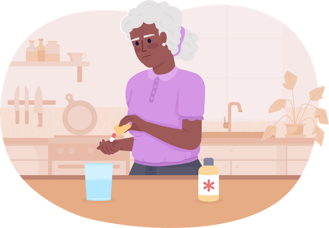 Senior woman with pills at home  Illustration