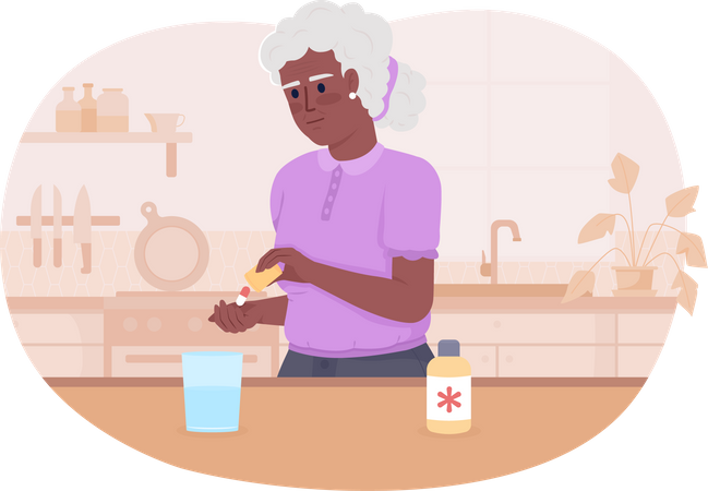 Senior woman with pills at home  Illustration