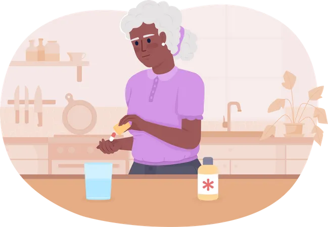 Senior woman with pills at home  Illustration