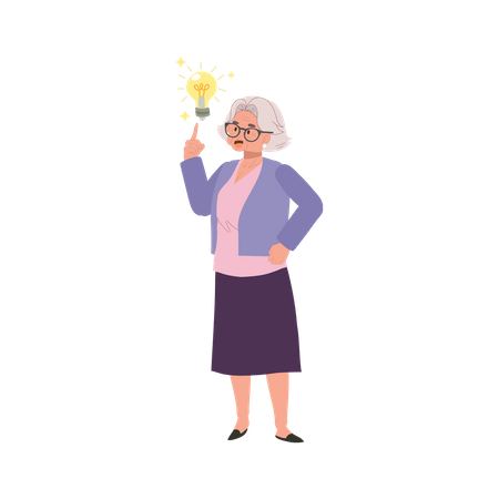 Senior Women have bright new Idea with Light Bulb  Illustration