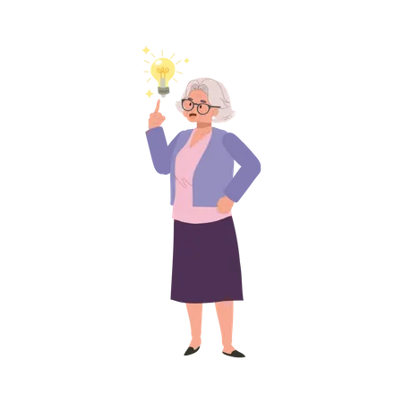 Senior Women have bright new Idea with Light Bulb  Illustration