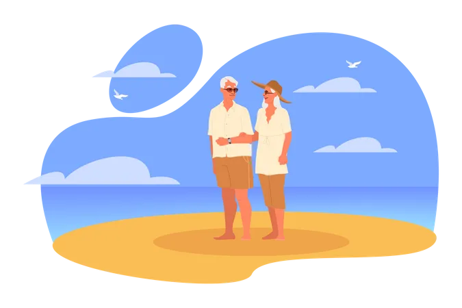 Senioren verbringen gemeinsam Zeit am Strand  Illustration