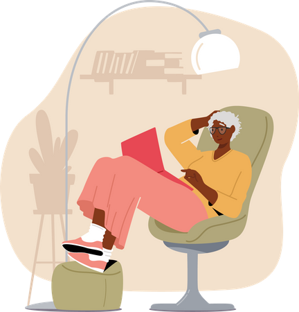 Seniorin sitzt und liest Buch  Illustration