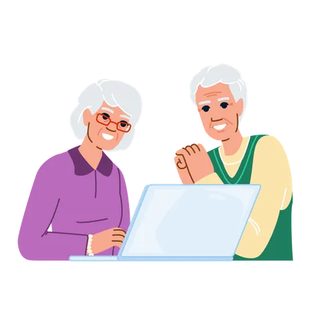 Mature Seniors Using Laptop Vector Internet Home Elderly Business Old Adult Mature Seniors Using Laptop Character People Flat Cartoon Illustration Illustration