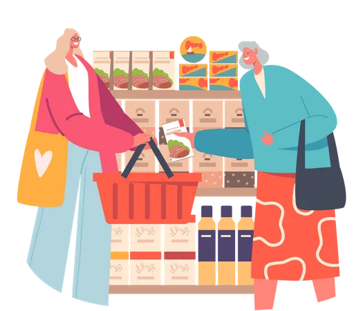 Femmes âgées et jeunes avec panier achetant de la nourriture au supermarché  Illustration
