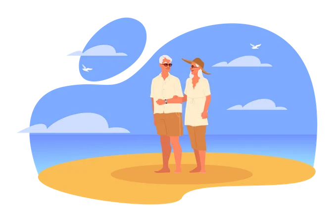 Seniors spending time on the beach together  Illustration