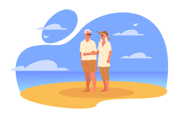 Seniors spending time on the beach together  Illustration