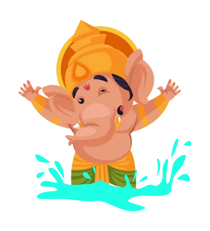 Señor Ganesha disfrutando en el agua  Ilustración