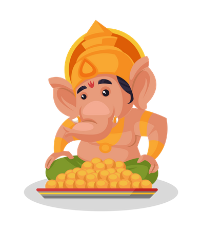 Señor Ganesha sentado junto al plato de laddu  Ilustración