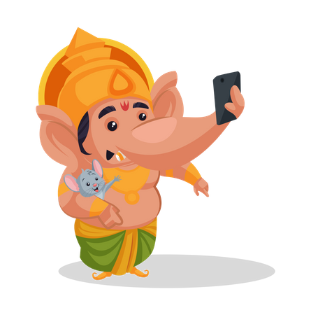 Lord Ganesha tomándose un selfie con su mascota  Ilustración