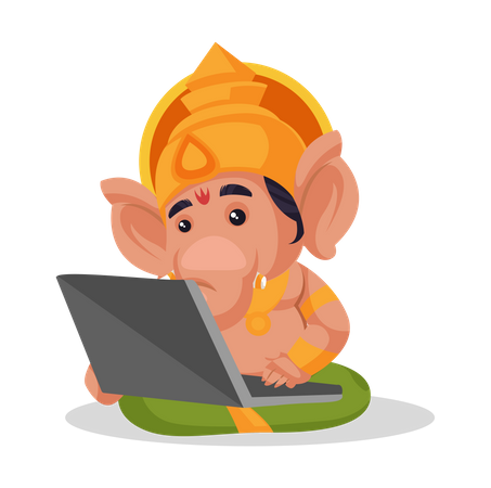 Señor Ganesha trabajando en la computadora portátil  Ilustración