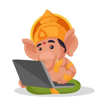Señor Ganesha trabajando en la computadora portátil  Ilustración