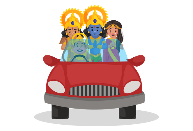 Lord Hanuman en auto con Ram, Sita y Lakshmana  Ilustración