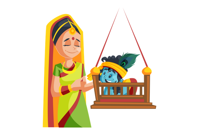 Lord Krishna jugando con su madre en el columpio  Ilustración