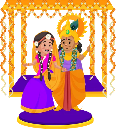 Señor Krishna sentado en un columpio con las diosas radha  Ilustración