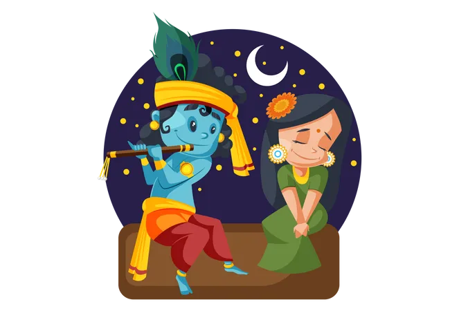 Lord Krishna tocando la flauta con Radhe por la noche  Ilustración