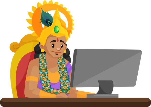 Señor Krishna trabajando en la computadora portátil  Ilustración