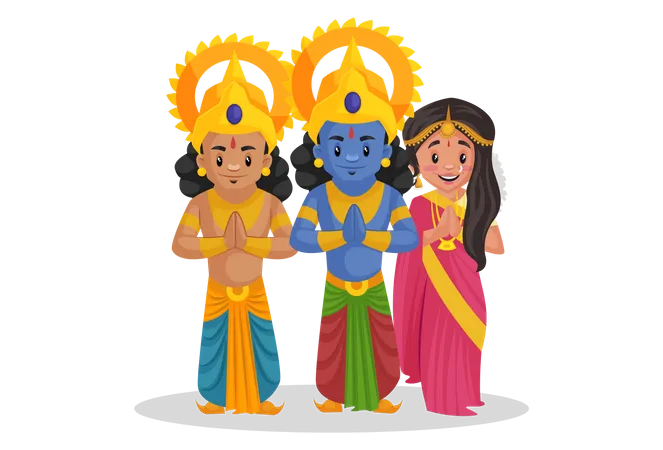Lord Ram con Lakshmana y las diosas Sita de pie en pose de saludo indio  Ilustración