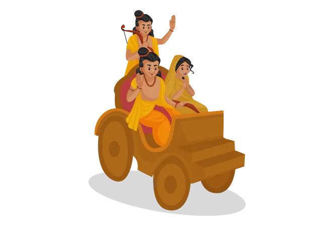 Lord Ram, las diosas Sita y Lakshmana viajando en carruaje  Ilustración