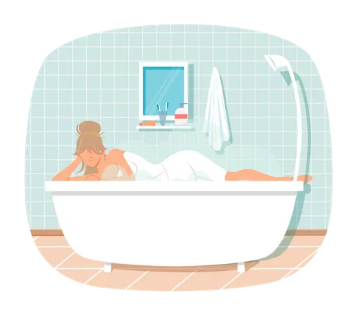 La señora tumbada en la bañera se relaja en el baño  Ilustración