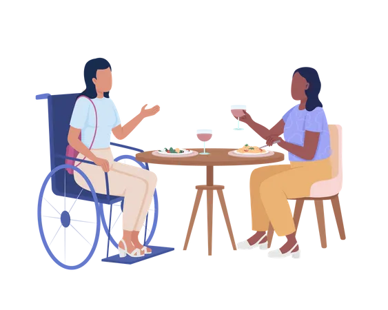 Señora discapacitada con un amigo en la cafetería  Ilustración