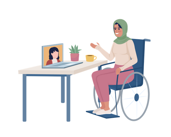 Señora discapacitada usando videochat  Ilustración