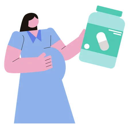 Señora embarazada sosteniendo el frasco de pastillas de vitaminas para el embarazo  Ilustración