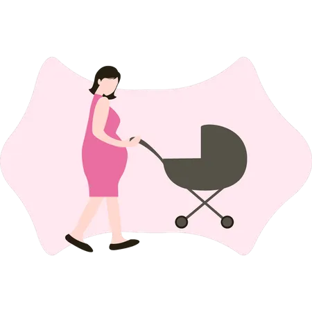 Una Mujer Embarazada Sale A Caminar Con Un Cochecito Ilustración