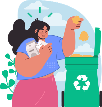 La señora está recogiendo basura.  Ilustración