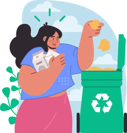 La señora está recogiendo basura.  Ilustración